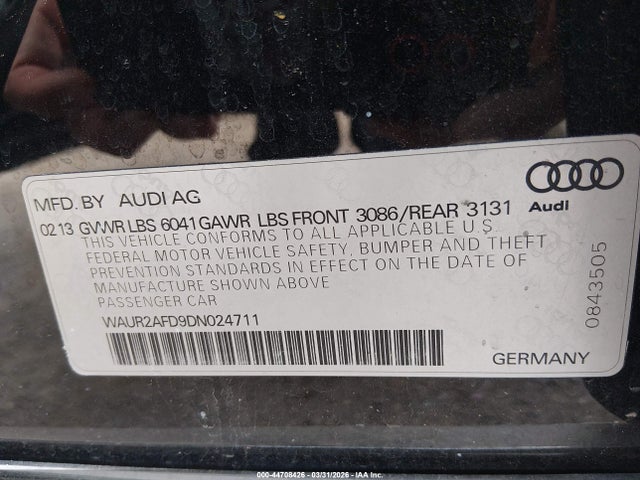 44708426 :رقم المزاد ، WAUR2AFD9DN024711 vin ، 2013 Audi A8 L 4.0t مزاد بيع