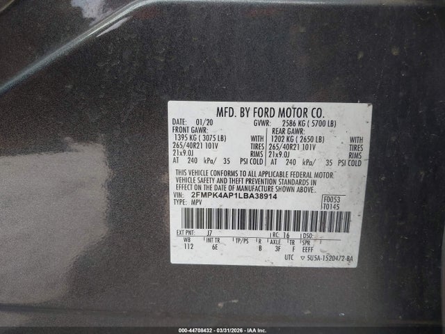 2020 Ford Edge St მანქანა იყიდება აუქციონზე, vin: 2FMPK4AP1LBA38914, აუქციონის ნომერი: 44708432