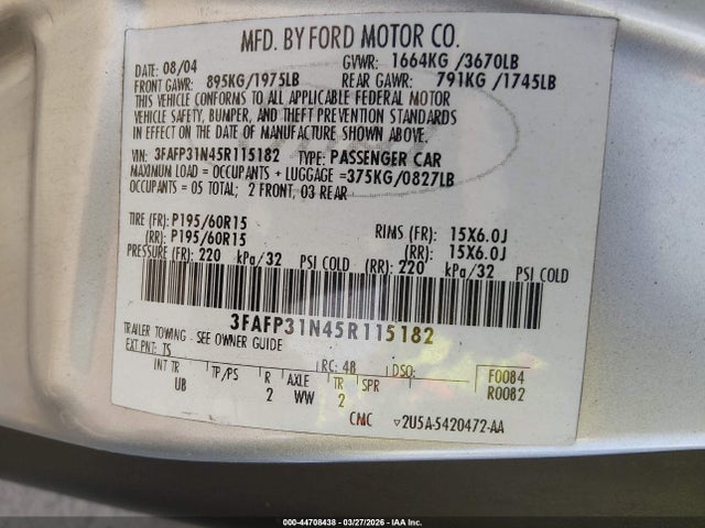 2005 FORD FOCUS 3FAFP31N45R115182 Photo 8