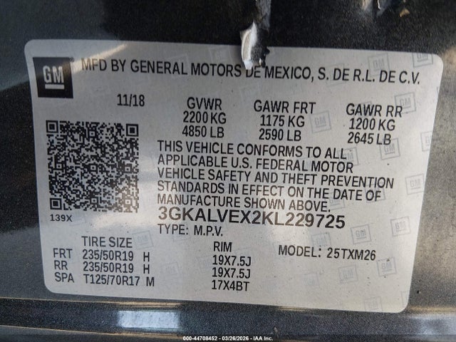Продаж на аукціоні авто 2019 Gmc Terrain Slt, vin: 3GKALVEX2KL229725, номер лоту: 44708452