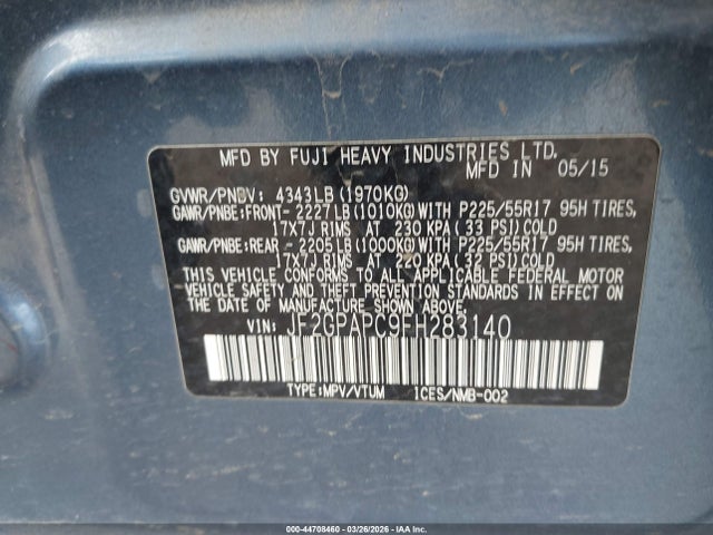 Aukcja sprzedaży 2015 Subaru Xv Crosstrek 2.0i Limited, vin: JF2GPAPC9FH283140, numer aukcji: 44708460