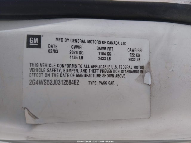 44708466 :رقم المزاد ، 2G4WS52J031258482 vin ، 2003 Buick Century Custom مزاد بيع