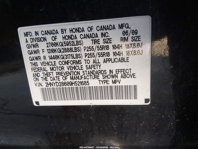 44708487 :رقم المزاد ، 2HNYD28609H521685 vin ، 2009 Acura Mdx Technology Package مزاد بيع