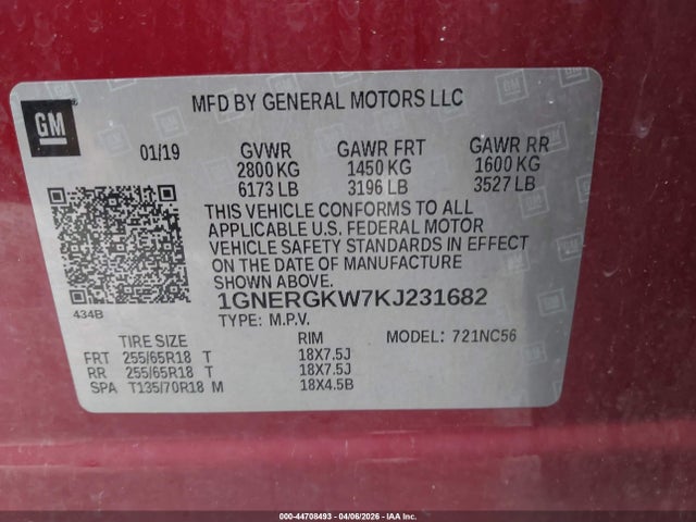 Aukcja sprzedaży 2019 Chevrolet Traverse 1lt, vin: 1GNERGKW7KJ231682, numer aukcji: 44708493