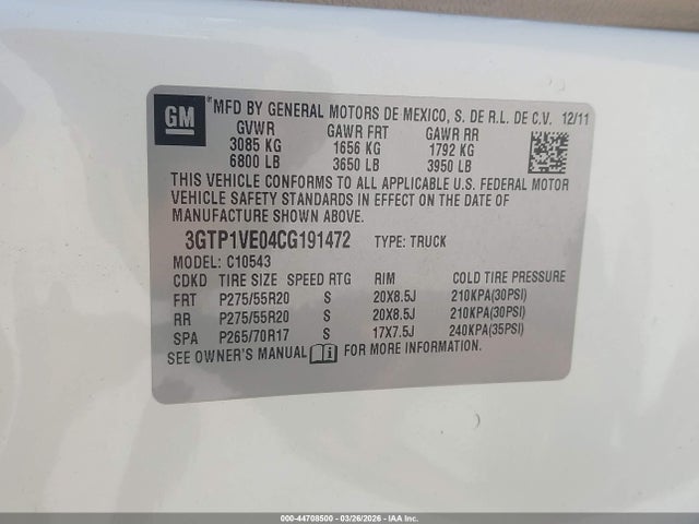 2012 Gmc Sierra 1500 Sle მანქანა იყიდება აუქციონზე, vin: 3GTP1VE04CG191472, აუქციონის ნომერი: 44708500