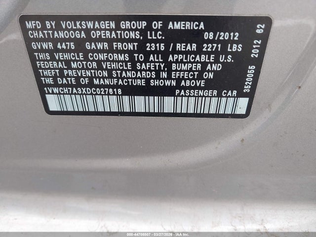 44708507 :رقم المزاد ، 1VWCH7A3XDC027618 vin ، 2013 Volkswagen Passat 2.5l Sel Premium مزاد بيع