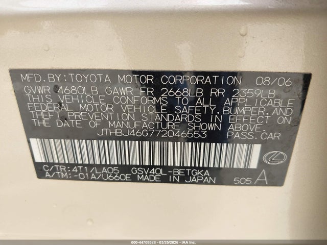 44708528 :رقم المزاد ، JTHBJ46G772046553 vin ، 2007 Lexus Es 350 مزاد بيع
