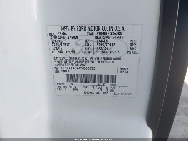 Продажа на аукционе авто 2004 Ford F-150 Fx4/lariat/xl/xlt, vin: 1FTPX14574NB60035, номер лота: 44708532