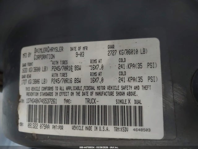 Aukcja sprzedaży 2004 Dodge Dakota Slt, vin: 1D7HG48N74S537261, numer aukcji: 44708534