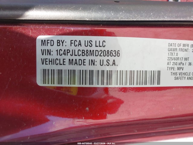 2021 Jeep Cherokee Latitude Fwd მანქანა იყიდება აუქციონზე, vin: 1C4PJLCB8MD208636, აუქციონის ნომერი: 44708545