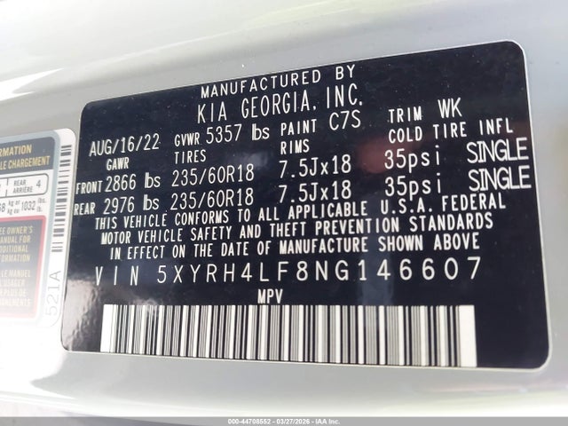 44708552 :رقم المزاد ، 5XYRH4LF8NG146607 vin ، 2022 Kia Sorento Ex مزاد بيع