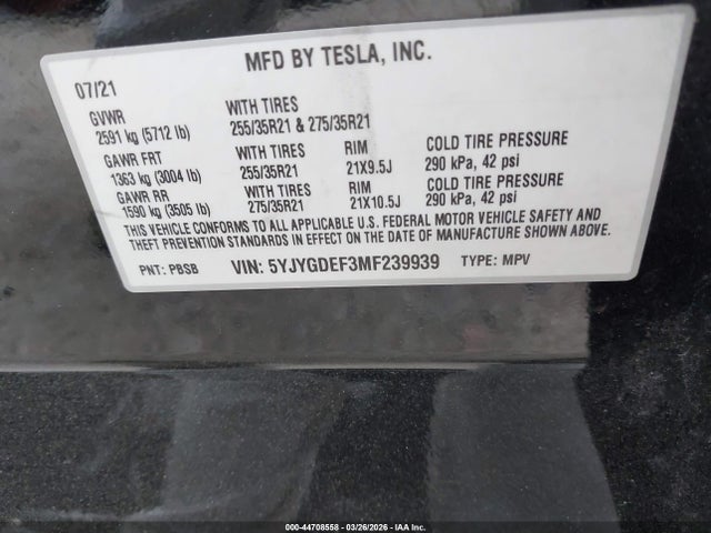 Aukcja sprzedaży 2021 Tesla Model Y Performance Dual Motor All-wheel Drive, vin: 5YJYGDEF3MF239939, numer aukcji: 44708558