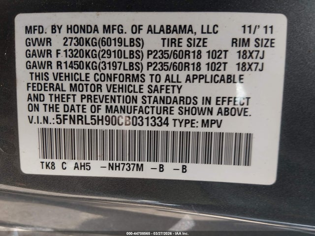 Aukcja sprzedaży 2012 Honda Odyssey Touring/touring Elite, vin: 5FNRL5H90CB031334, numer aukcji: 44708565