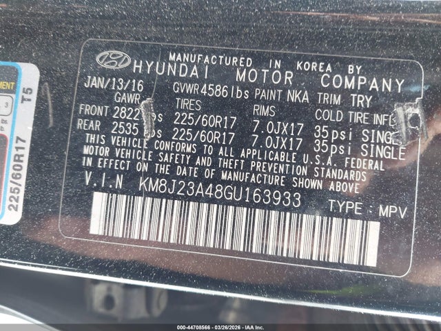 44708566 :رقم المزاد ، KM8J23A48GU163933 vin ، 2016 Hyundai Tucson Se مزاد بيع