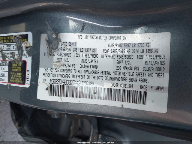 Aukcja sprzedaży 2011 Mazda Cx-9 Grand Touring, vin: JM3TB3DV9B0327442, numer aukcji: 44708577