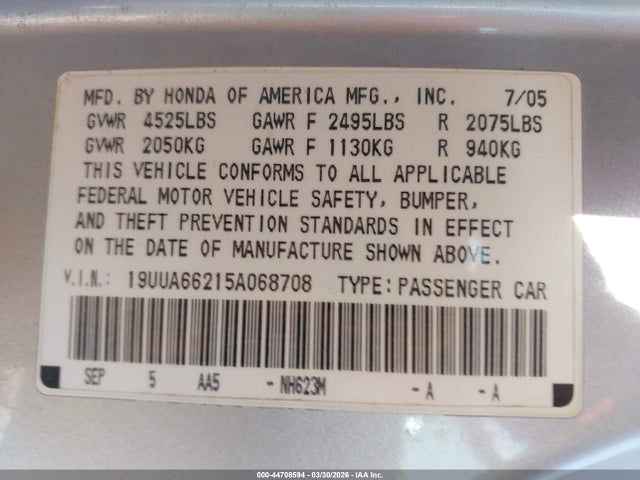 2005 Acura Tl მანქანა იყიდება აუქციონზე, vin: 19UUA66215A068708, აუქციონის ნომერი: 44708594