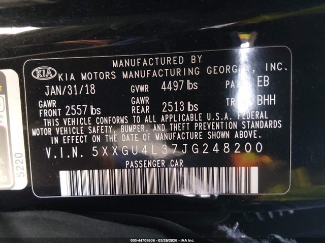 Aukcja sprzedaży 2018 Kia Optima Ex, vin: 5XXGU4L37JG248200, numer aukcji: 44708606