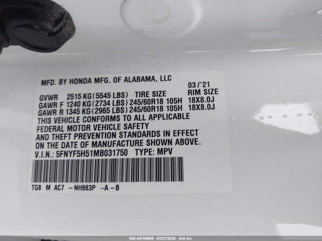 Aukcja sprzedaży 2021 Honda Pilot 2wd Ex-l, vin: 5FNYF5H51MB031750, numer aukcji: 44708609