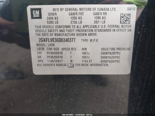 2013 Gmc Terrain Slt-1 მანქანა იყიდება აუქციონზე, vin: 2GKFLVE36D6346377, აუქციონის ნომერი: 44708621