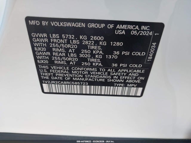 Продаж на аукціоні авто 2024 Volkswagen Atlas 2.0t Se W/technology, vin: 1V2JR2CA8RC585723, номер лоту: 44708622