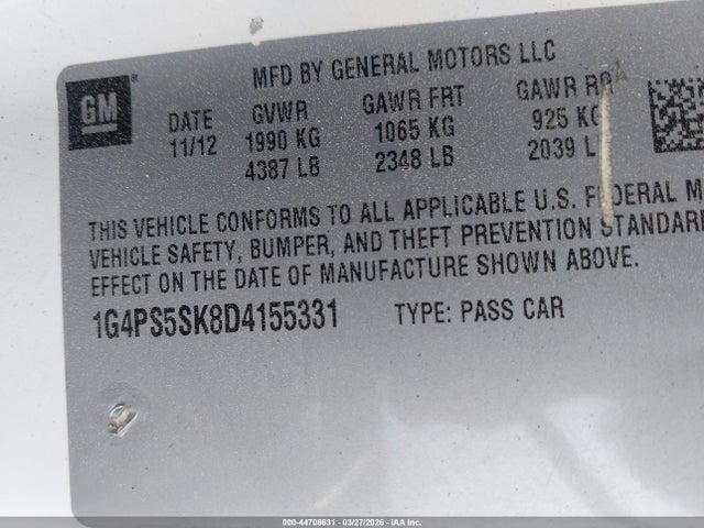2013 Buick Verano Leather Group მანქანა იყიდება აუქციონზე, vin: 1G4PS5SK8D4155331, აუქციონის ნომერი: 44708631