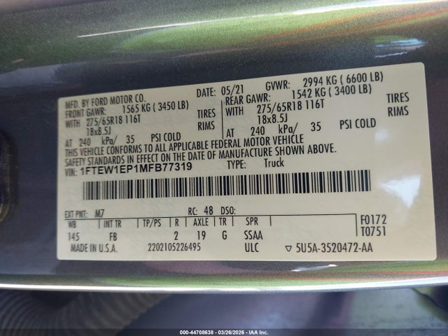 44708638 :رقم المزاد ، 1FTEW1EP1MFB77319 vin ، 2021 Ford F-150 Xlt مزاد بيع