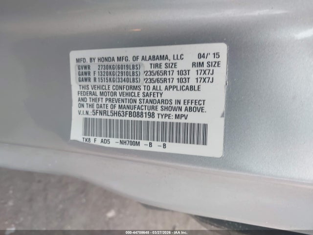 Aukcja sprzedaży 2015 Honda Odyssey Ex-l, vin: 5FNRL5H63FB088198, numer aukcji: 44708648