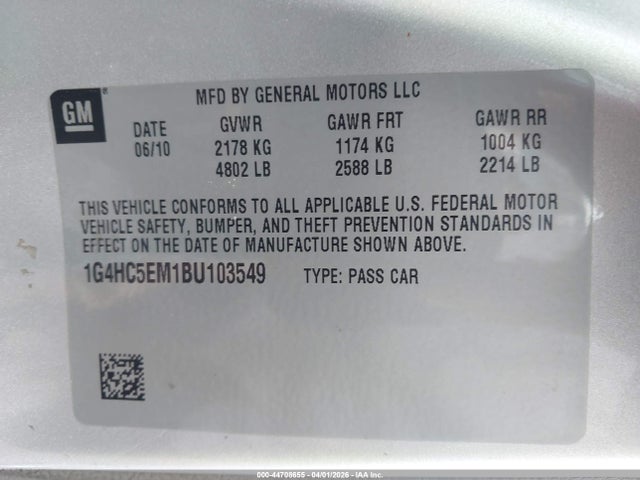 2011 Buick Lucerne Cxl მანქანა იყიდება აუქციონზე, vin: 1G4HC5EM1BU103549, აუქციონის ნომერი: 44708655