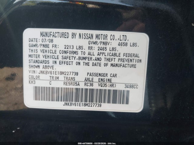 Aukcja sprzedaży 2008 Infiniti G35 Journey, vin: JNKBV61E18M227739, numer aukcji: 44708658