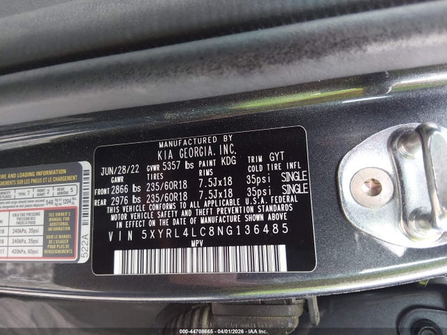 2022 Kia Sorento S მანქანა იყიდება აუქციონზე, vin: 5XYRL4LC8NG136485, აუქციონის ნომერი: 44708665