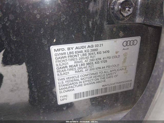 Aukcja sprzedaży 2021 Audi Q7 Premium Plus 55 Tfsi Quattro Tiptronic, vin: WA1LXAF7XMD034538, numer aukcji: 44708670
