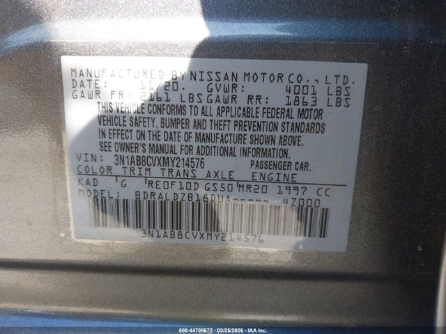 2021 Nissan Sentra Sv Xtronic Cvt მანქანა იყიდება აუქციონზე, vin: 3N1AB8CVXMY214576, აუქციონის ნომერი: 44708672