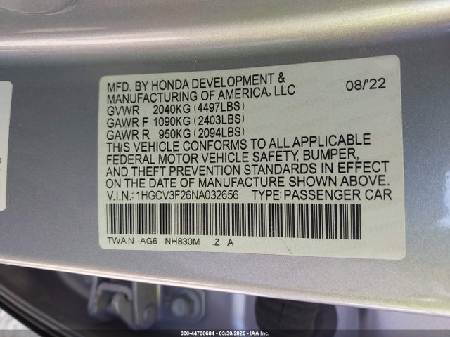 Продаж на аукціоні авто 2022 Honda Accord Hybrid Sport, vin: 1HGCV3F26NA032656, номер лоту: 44708684