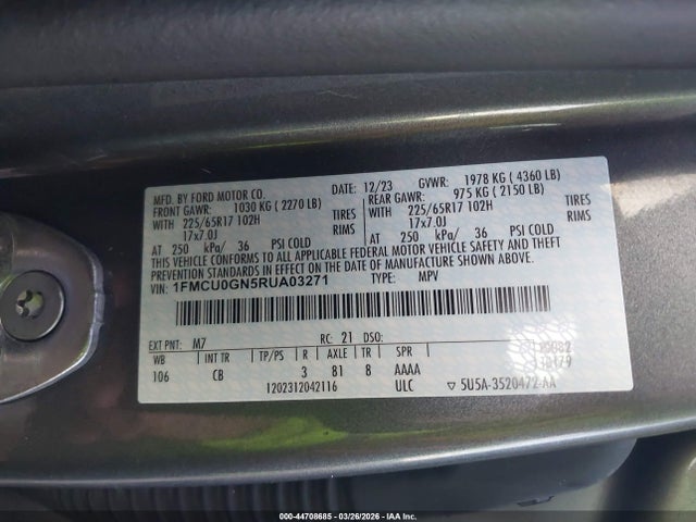 Aukcja sprzedaży 2024 Ford Escape Active, vin: 1FMCU0GN5RUA03271, numer aukcji: 44708685