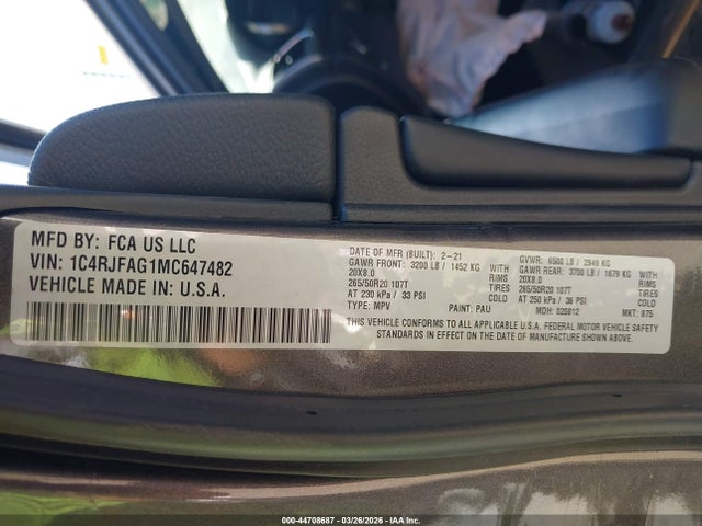 Продаж на аукціоні авто 2021 Jeep Grand Cherokee Laredo X 4x4, vin: 1C4RJFAG1MC647482, номер лоту: 44708687