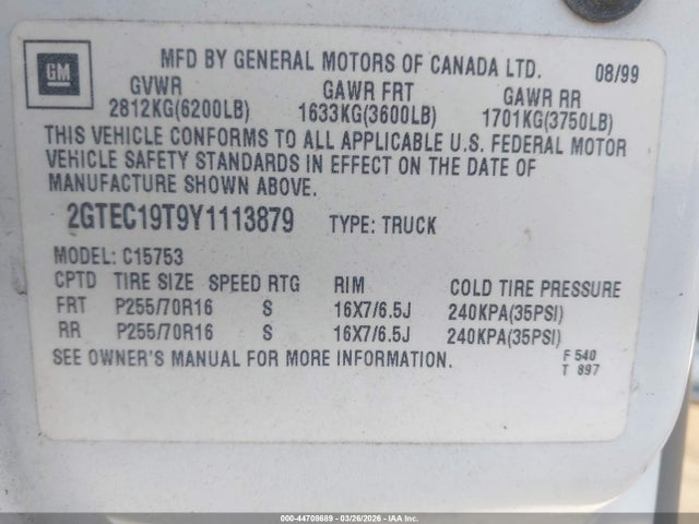 Aukcja sprzedaży 2000 Gmc Sierra 1500 Sle, vin: 2GTEC19T9Y1113879, numer aukcji: 44708689
