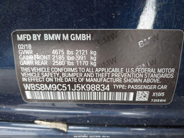 2018 Bmw M3 Cs მანქანა იყიდება აუქციონზე, vin: WBS8M9C51J5K98834, აუქციონის ნომერი: 44708695