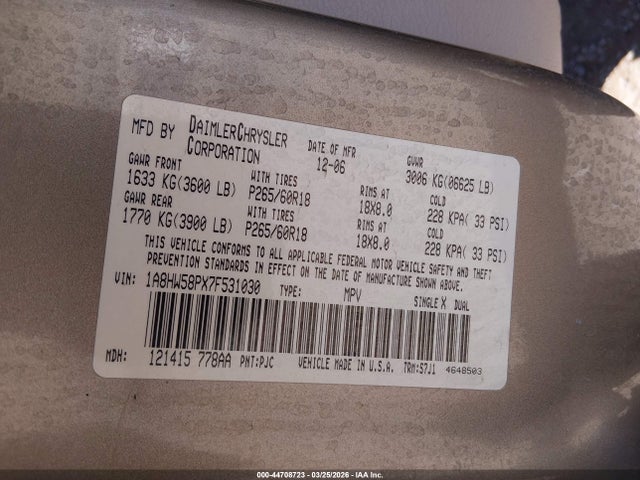 44708723 :رقم المزاد ، 1A8HW58PX7F531030 vin ، 2007 Chrysler Aspen Limited مزاد بيع