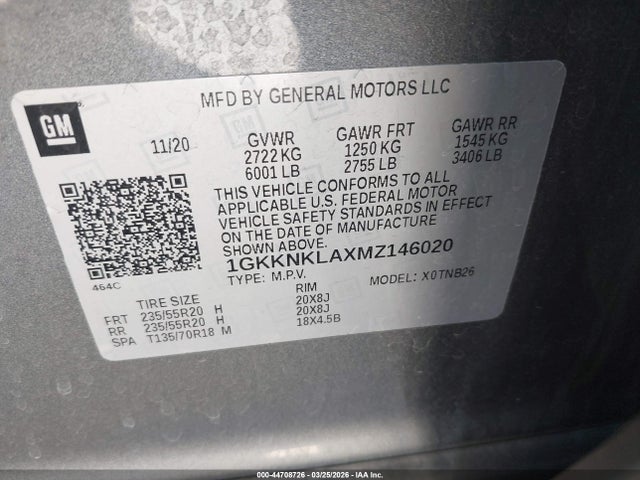 44708726 :رقم المزاد ، 1GKKNKLAXMZ146020 vin ، 2021 Gmc Acadia Fwd Sle مزاد بيع