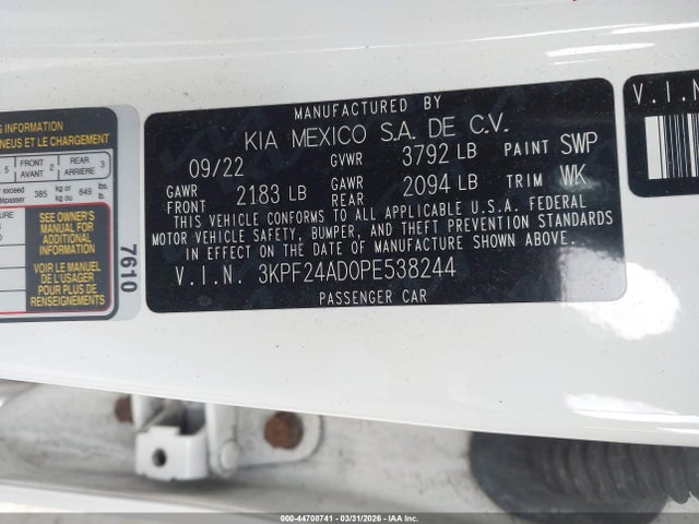 2023 Kia Forte Lxs მანქანა იყიდება აუქციონზე, vin: 3KPF24AD0PE538244, აუქციონის ნომერი: 44708741