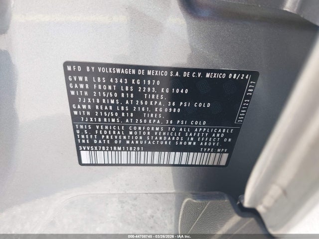 Продажа на аукционе авто 2024 Volkswagen Taos 1.5t Se, vin: 3VVSX7B21RM118291, номер лота: 44708745