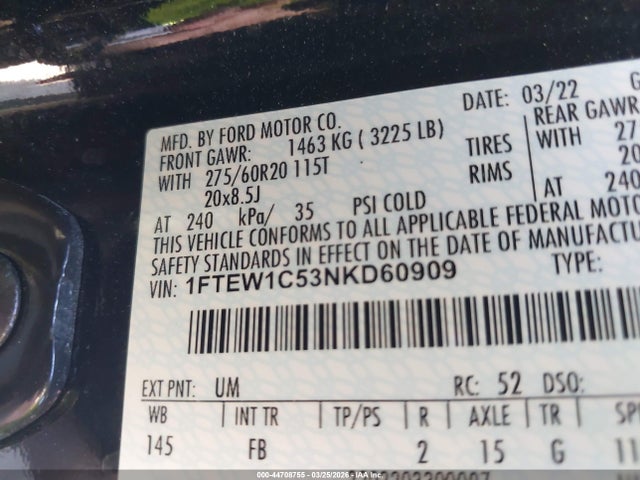 44708755 :رقم المزاد ، 1FTEW1C53NKD60909 vin ، 2022 Ford F-150 Xlt مزاد بيع