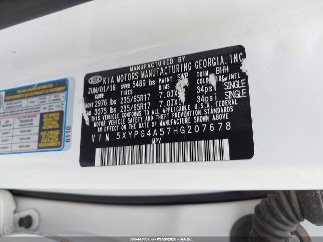 Aukcja sprzedaży 2017 Kia Sorento 3.3l Lx, vin: 5XYPG4A57HG207678, numer aukcji: 44708759
