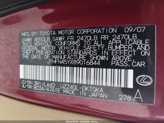2008 Lexus Sc 430 მანქანა იყიდება აუქციონზე, vin: JTHFN45YX89016844, აუქციონის ნომერი: 44708765