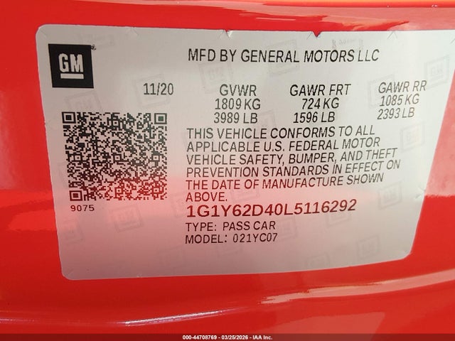 1G1Y62D40L5116292 Chevrolet Corvette Stingray Rwd 1lt