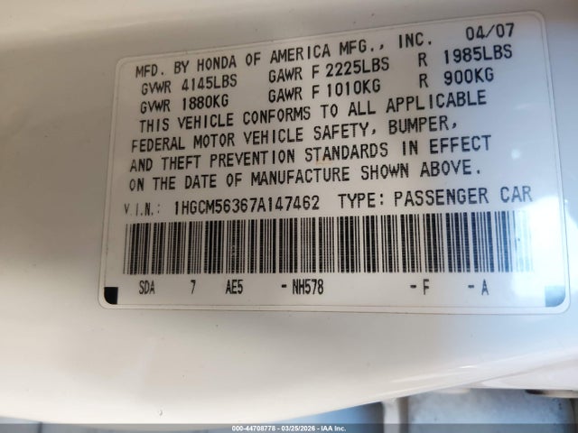 2007 Honda Accord 2.4 Se მანქანა იყიდება აუქციონზე, vin: 1HGCM56367A147462, აუქციონის ნომერი: 44708778