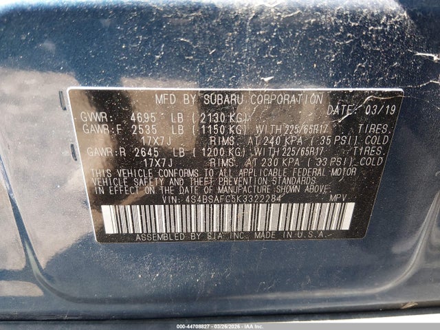 2019 Subaru Outback 2.5i Premium მანქანა იყიდება აუქციონზე, vin: 4S4BSAFC5K3322284, აუქციონის ნომერი: 44708827
