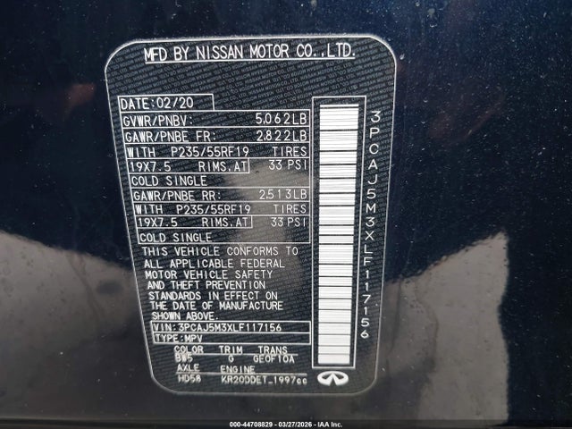 44708829 :رقم المزاد ، 3PCAJ5M3XLF117156 vin ، 2020 Infiniti Qx50 Sensory Awd مزاد بيع