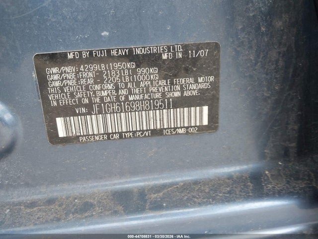 Продаж на аукціоні авто 2008 Subaru Impreza 2.5i, vin: JF1GH61698H819511, номер лоту: 44708831