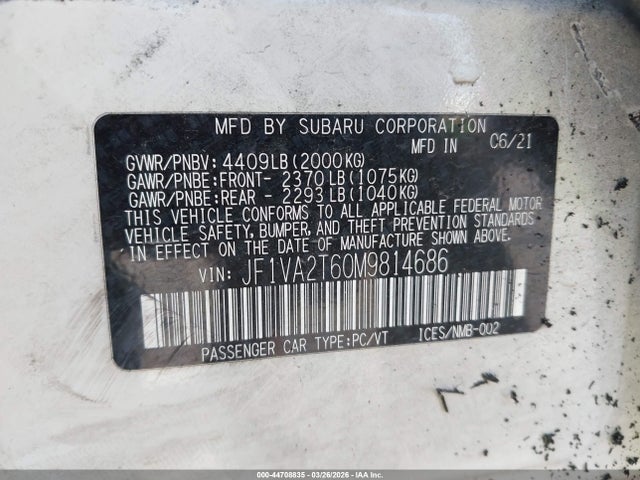 Продаж на аукціоні авто 2021 Subaru Wrx Sti Limited, vin: JF1VA2T60M9814686, номер лоту: 44708835
